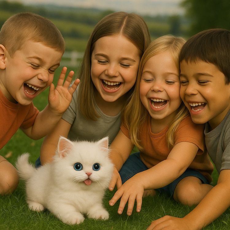 A group of diverse young children laughing and playing on the grass with the white Kouvr interactive robot kitten toy.