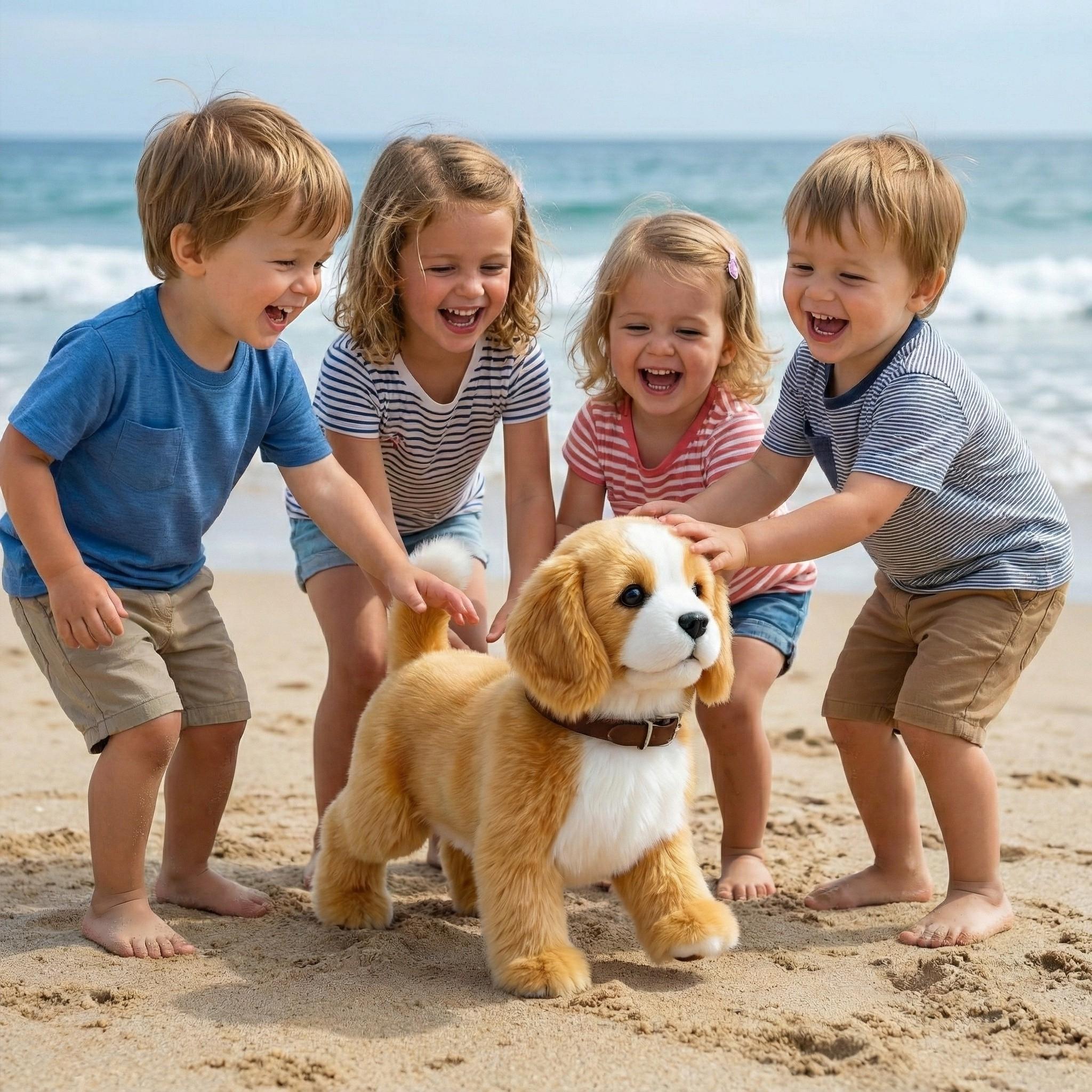 Group of four happy children playing with an interactive beagle puppy toy on the beach, demonstrating social play and durability.
