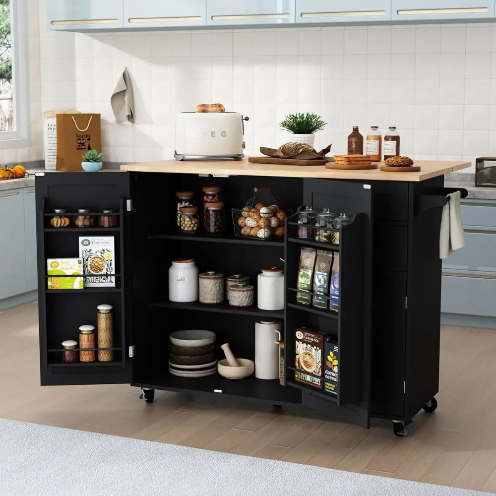 'butcher block top', 'drop leaf breakfast bar', 'kitchen storage cabinet', 'farmhouse kitchen trolley', and 'coffee bar station'