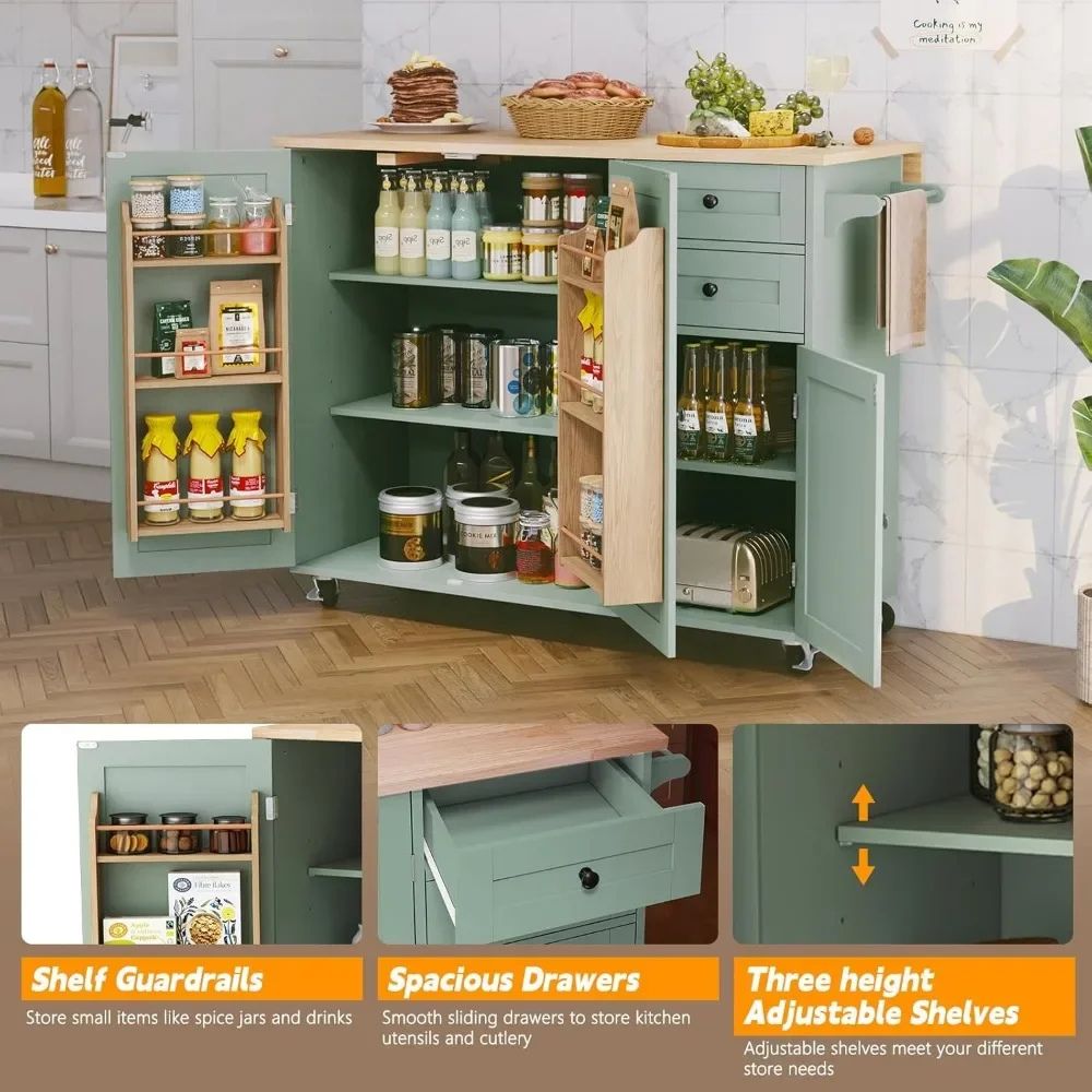 'butcher block top', 'drop leaf breakfast bar', 'kitchen storage cabinet', 'farmhouse kitchen trolley', and 'coffee bar station'