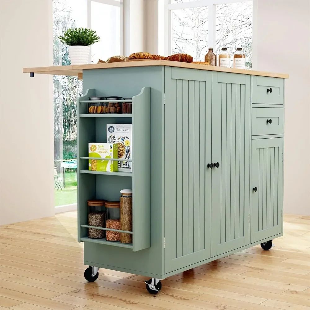 'butcher block top', 'drop leaf breakfast bar', 'kitchen storage cabinet', 'farmhouse kitchen trolley', and 'coffee bar station'