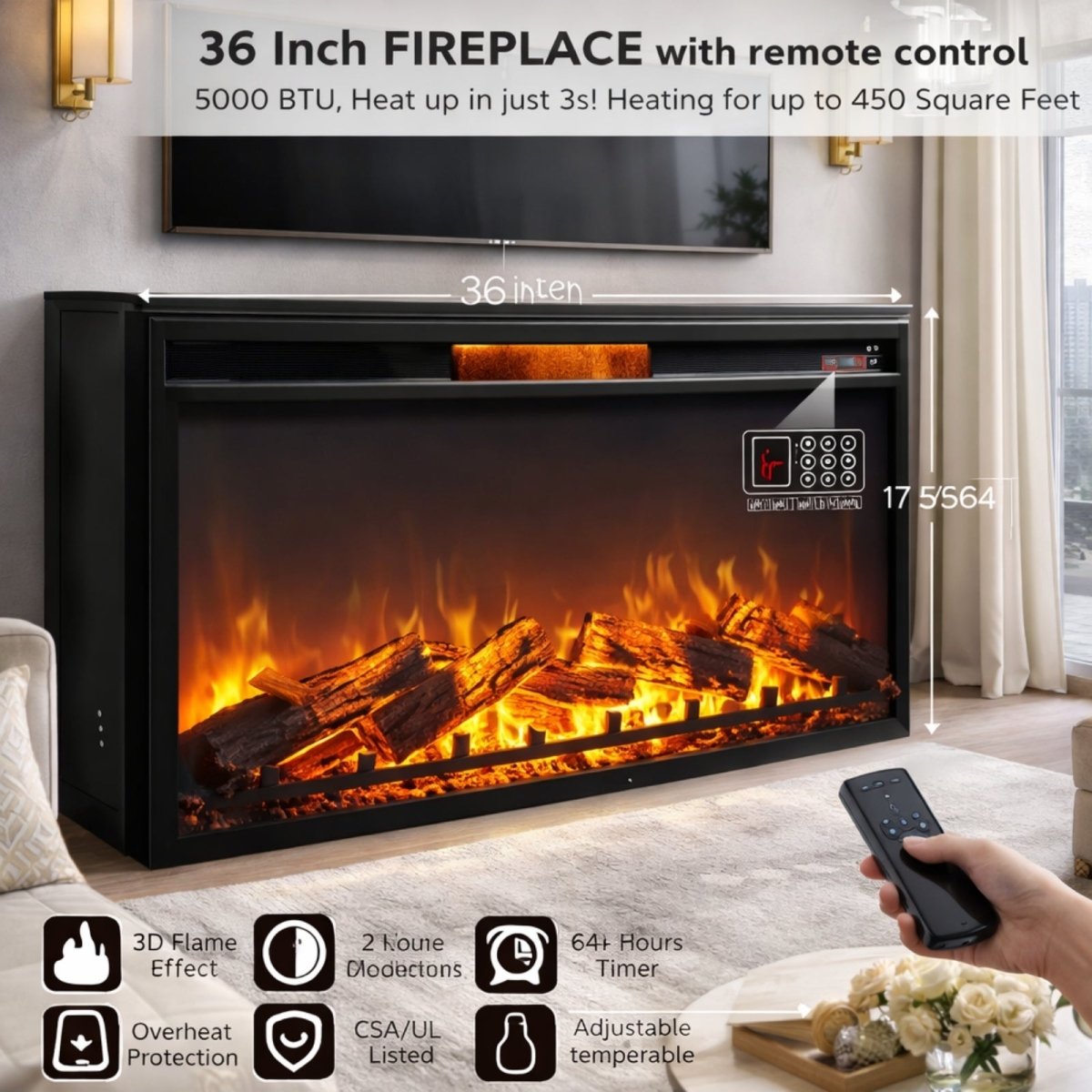 Close-up of the 36-inch electric fireplace insert with remote control, highlighting features like 3D flame effect, 5000 BTU heater, and timer functions.