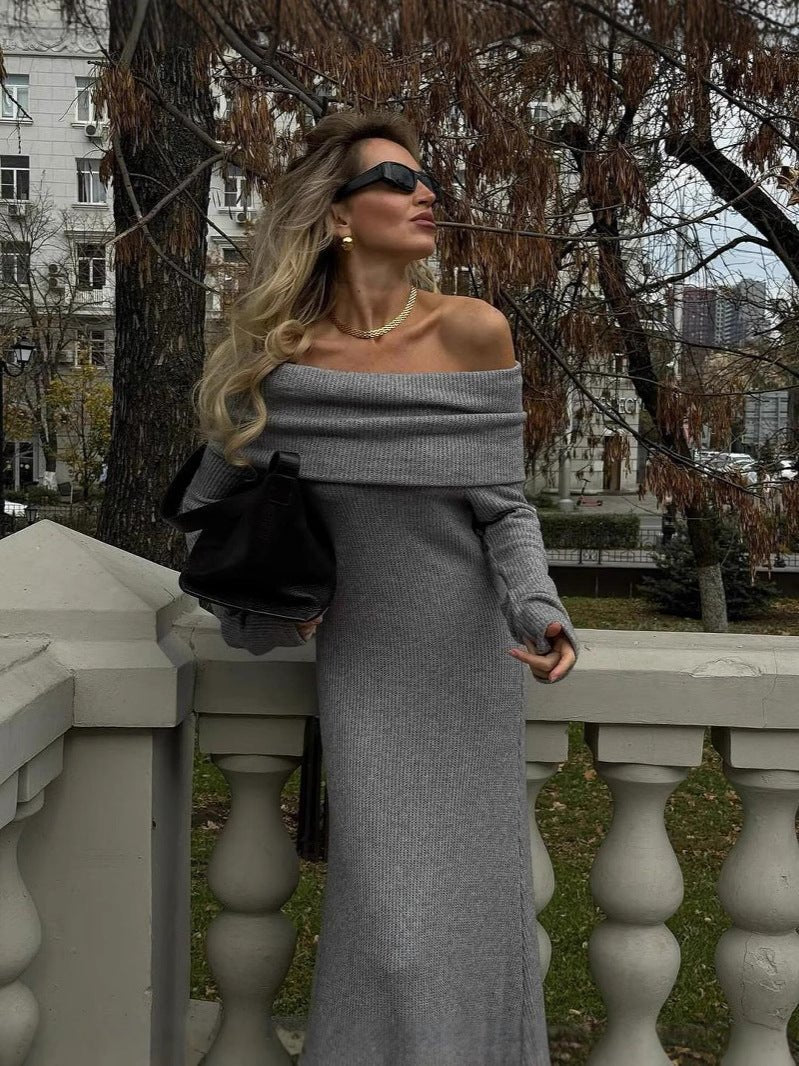Off The Shoulder Knit Maxi Dress Long Sleeve Elegant Bodycon Sweater Dress