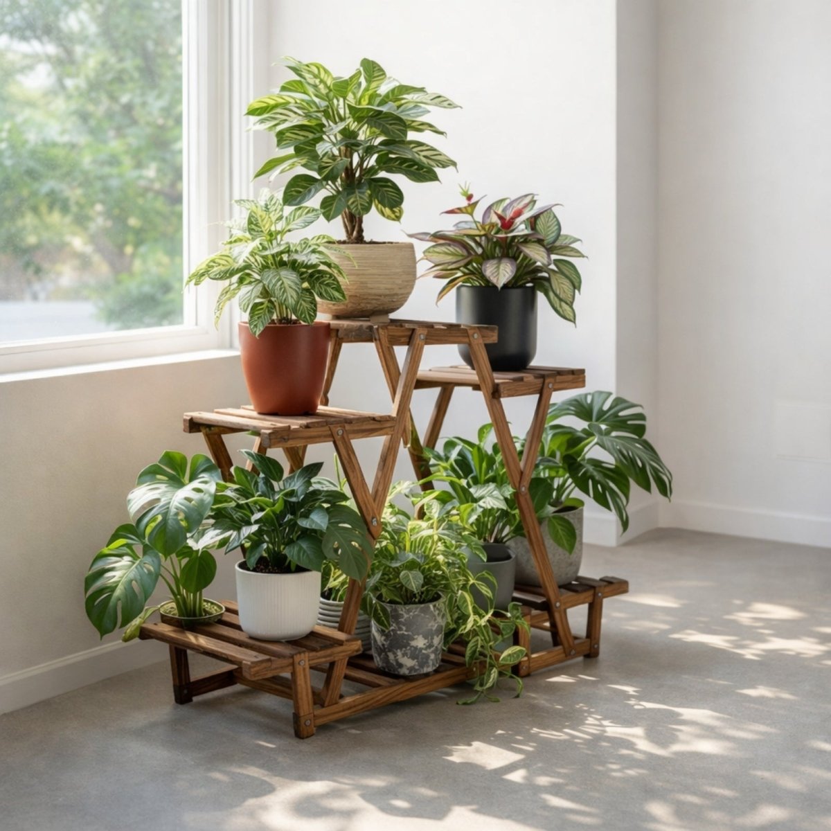 The Kouvr A-frame wooden plant shelf positioned in a corner by a window, showcasing its space-saving design with several green plants soaking up natural light.