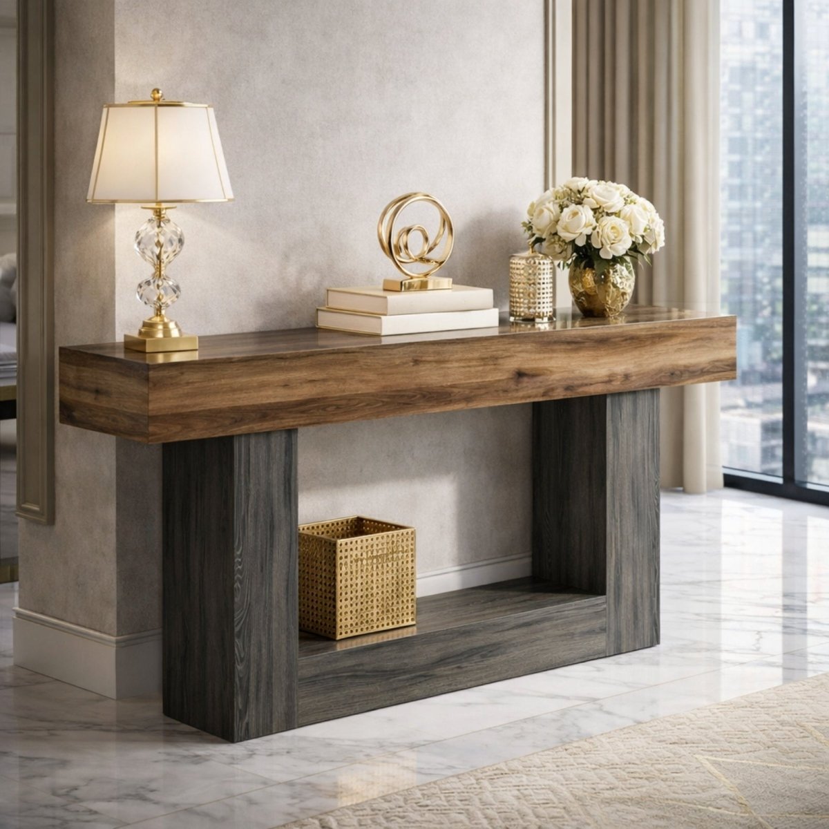 The Acropolis console table in a sophisticated grey wood finish, featured in a contemporary living room setting with modern ceramic vases on its lower shelf.