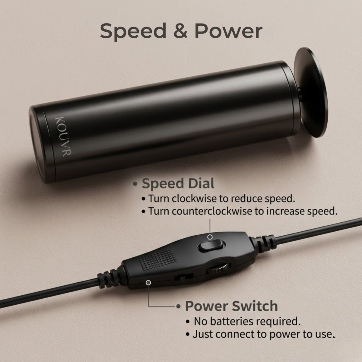 Technical view of the Kouvr speed dial and power switch showing corded operation for consistent pedicure power.