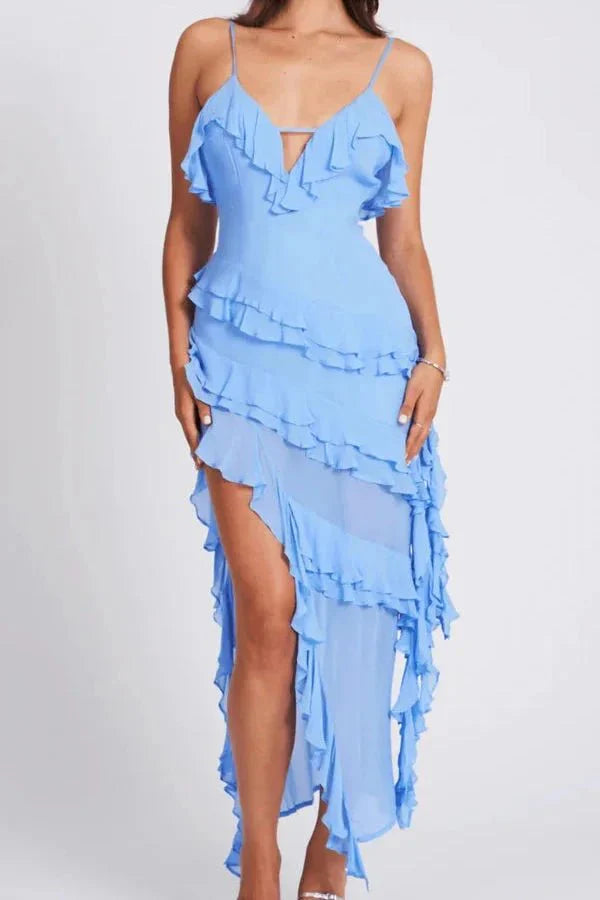 Model wearing Kouvr Aiah light blue asymmetric ruffle midi dress for a cocktail event