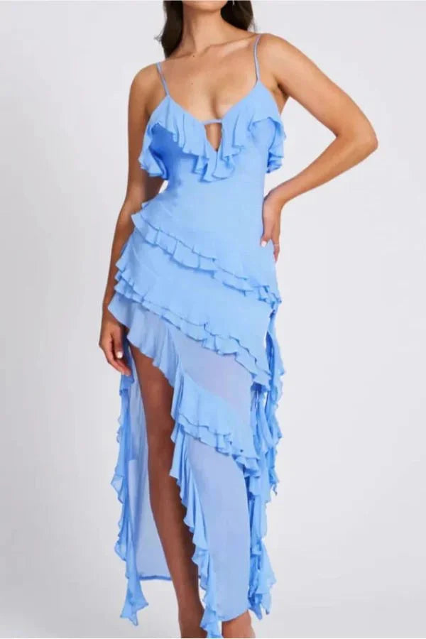 Model wearing Kouvr Aiah light blue asymmetric ruffle midi dress for a cocktail event