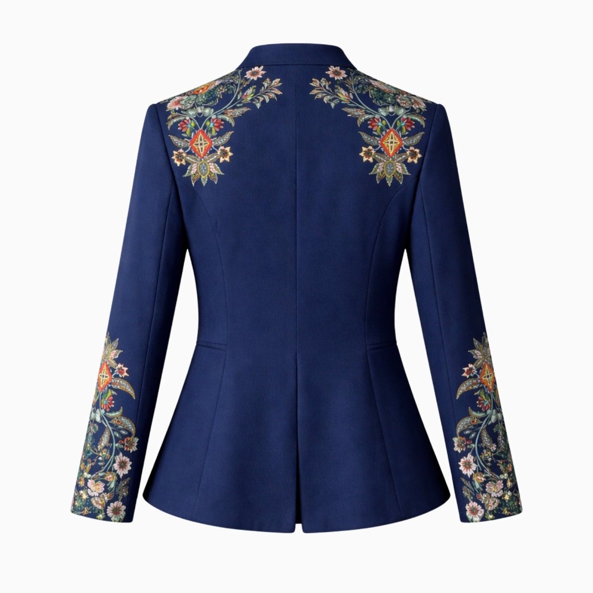 Back view of the Kouvr Aiko multicolor military jacket on a white background, focusing on the quality of the floral embroidery detail.