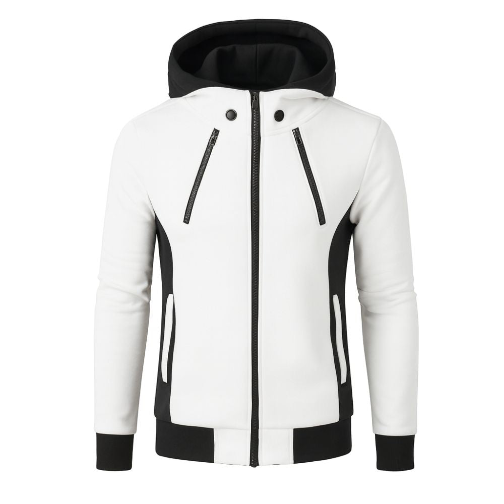 White and black kouvr hoodie with zipper on a white background