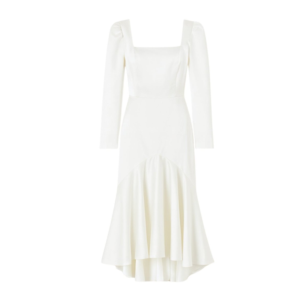 Alyssa long sleeve dress, highlighting the sculptural fit, ruched hip detail, and elegant silhouette.