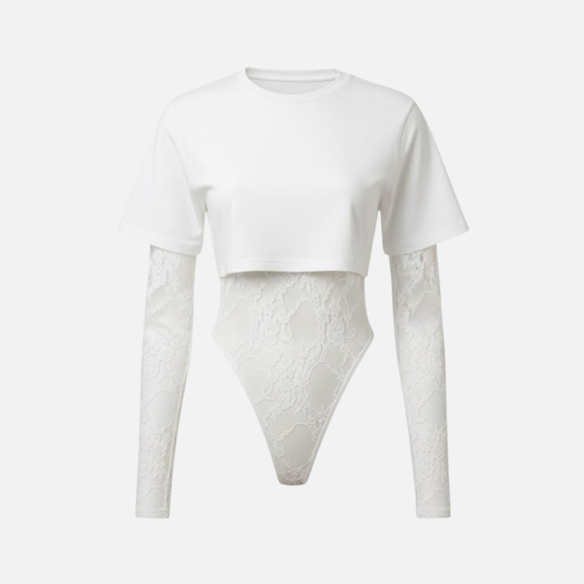 Front view of the Kouvr Angelique bodysuit laid flat, showing the white cropped t-shirt over the sheer floral lace long sleeve bodysuit.