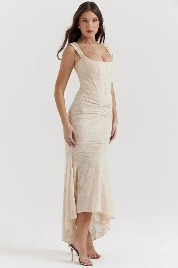 Ivory Corset Midi Dress Floral Jacquard Asymmetrical Hem
