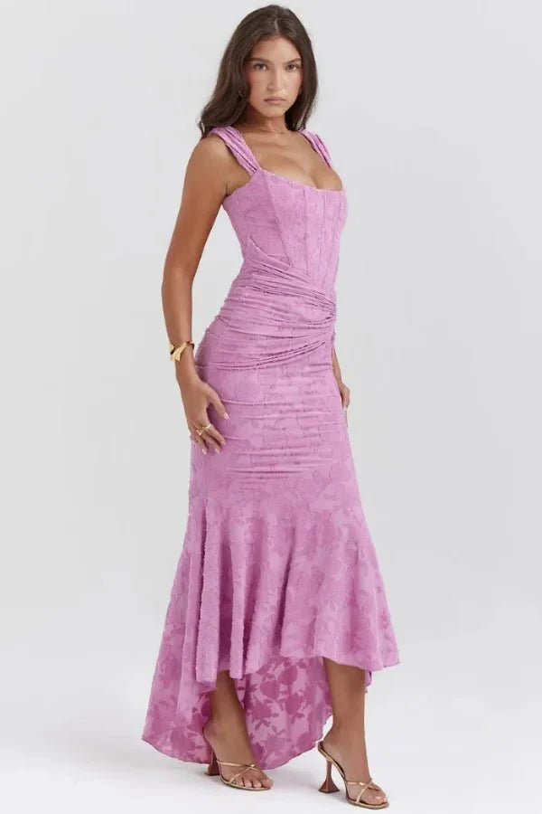 Model wearing Kouvr Arabella pink floral jacquard corset mermaid gown