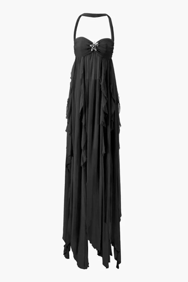 Weave in terms like "ethereal silhouette", "cascading layers", "asymmetrical hemline", "gala attire", "black-tie event dress", "statement piece