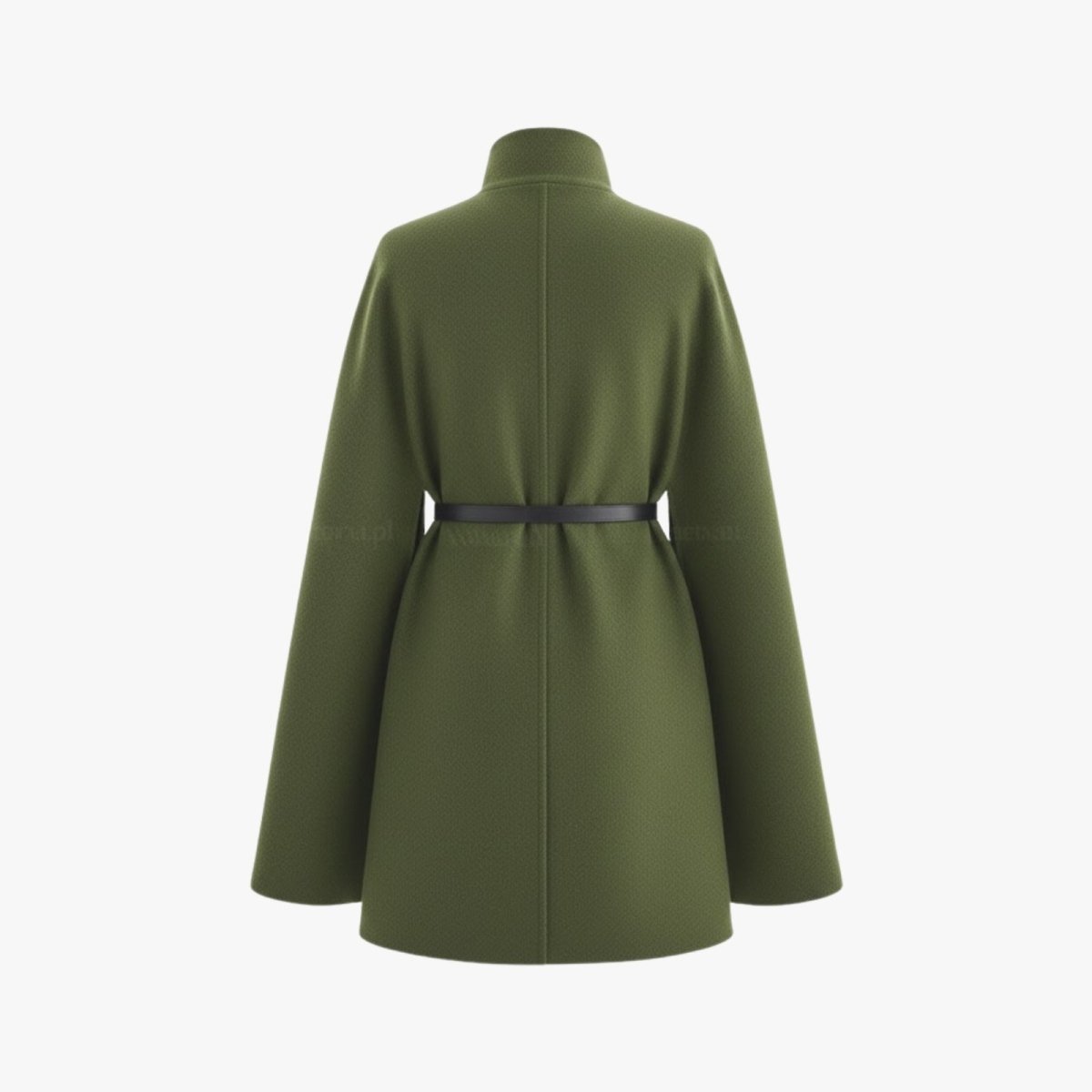 Ghost mannequin back view of the Kouvr army green cape coat, displaying its A-line silhouette and belt placement.