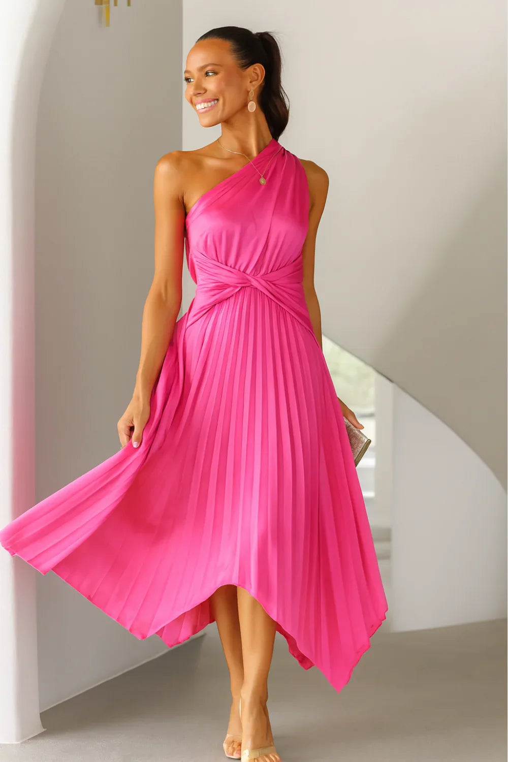 hot pink one shoulder midi dress Trinny One-Shoulder Ruched Back Midi Dress Hot Pink