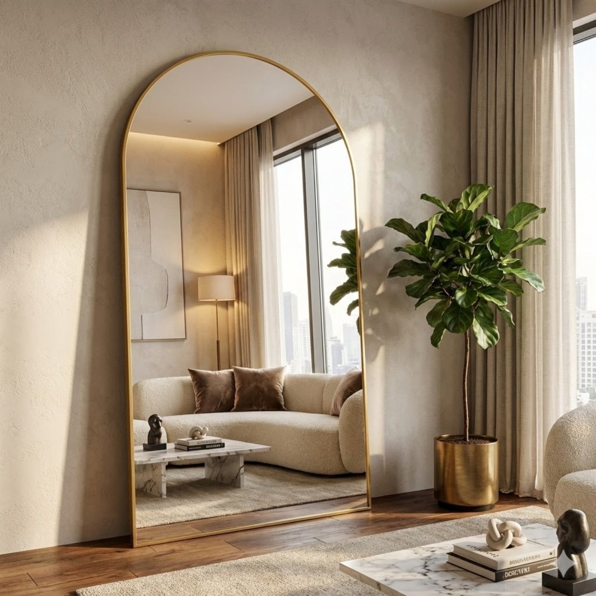 A large black arched floor mirror leaning against a white wall, reflecting a minimalist living room with a white armchair and neutral decor.