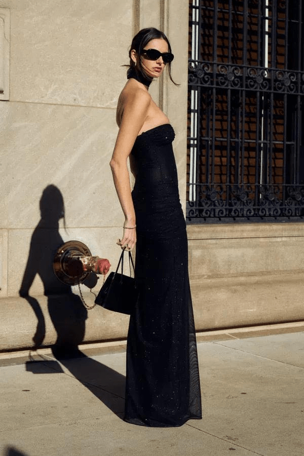 sculptural silhouette," "red carpet attire," and "minimalist glamour" to build topical authority