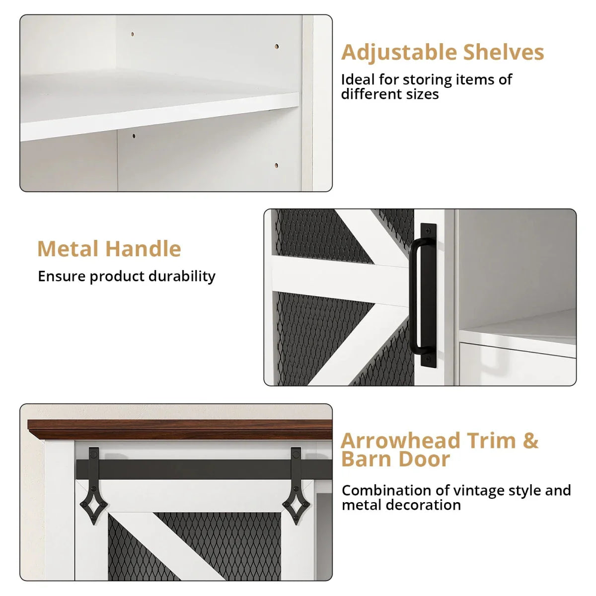 Feature callouts of the Kouvr barn door TV stand, showcasing its adjustable shelving, durable metal handle, and arrowhead trim hardware.