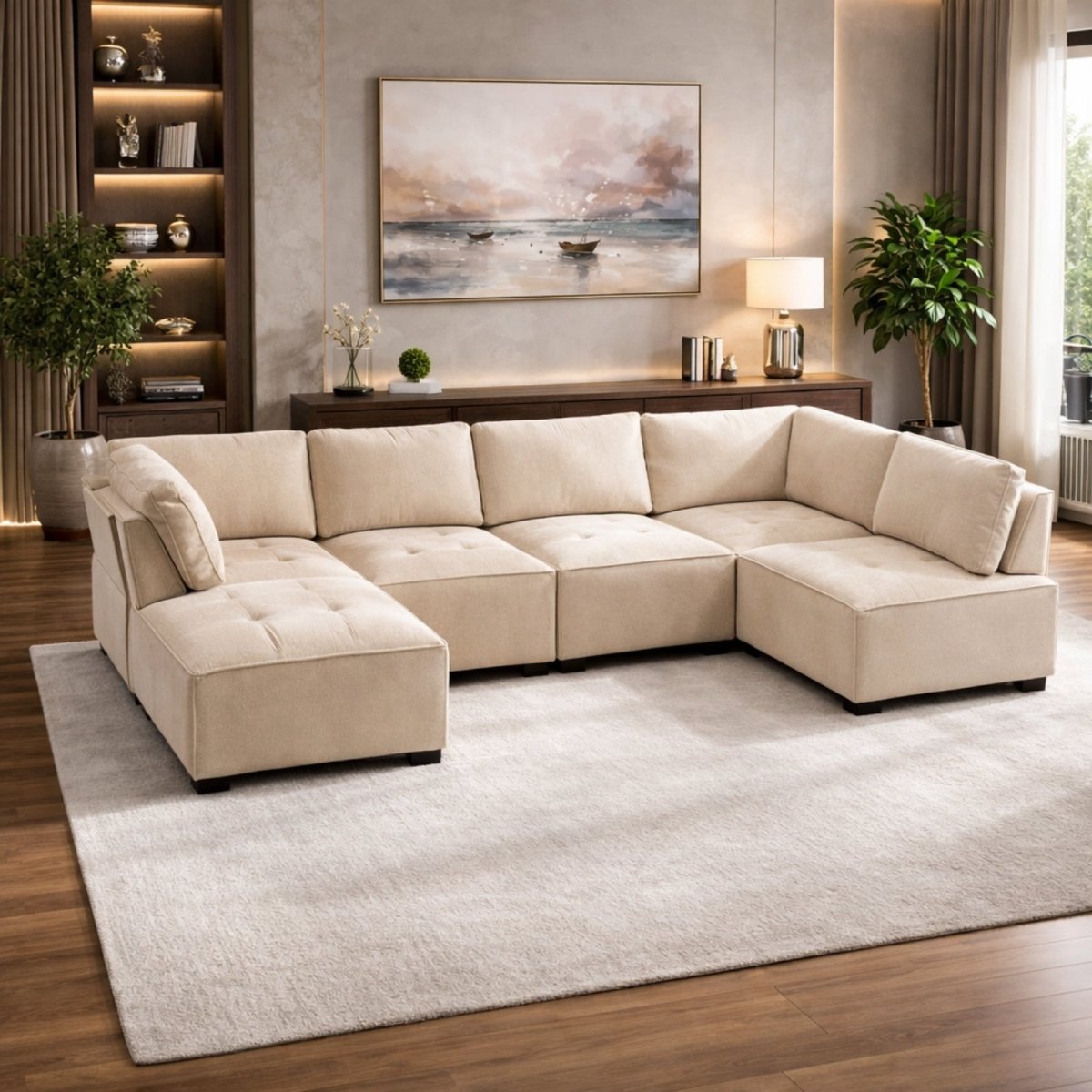 Cream beige U-shaped sectional sofa by Kouvr, showcasing plush high-resilience foam seating and versatile modular layout for family rooms.