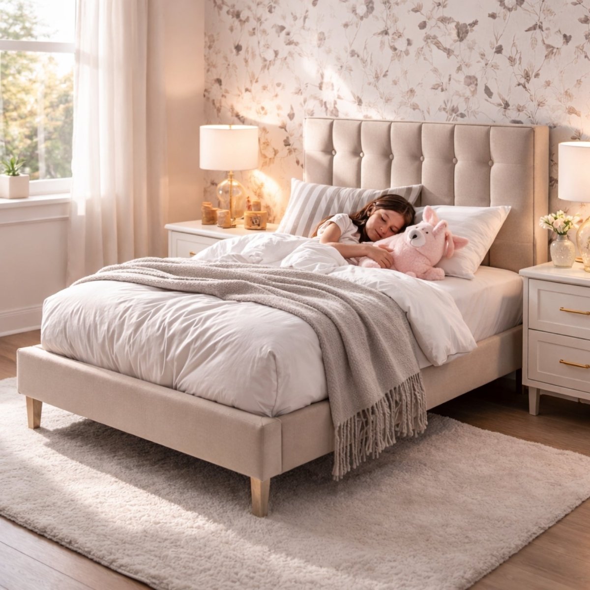 Detail shot of beige fabric texture on Kouvr twin bed, showing a child resting against the padded headboard with soft lighting.