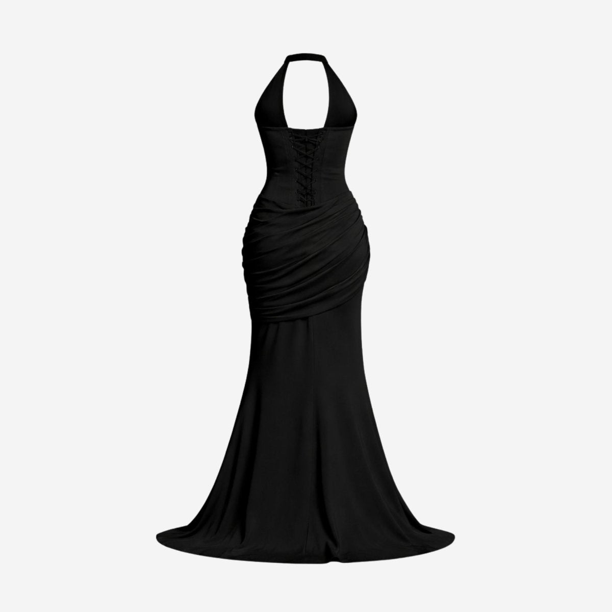 Back view of a black formal gown on an invisible ghost mannequin, displaying the adjustable corset back string details and flared hem.
