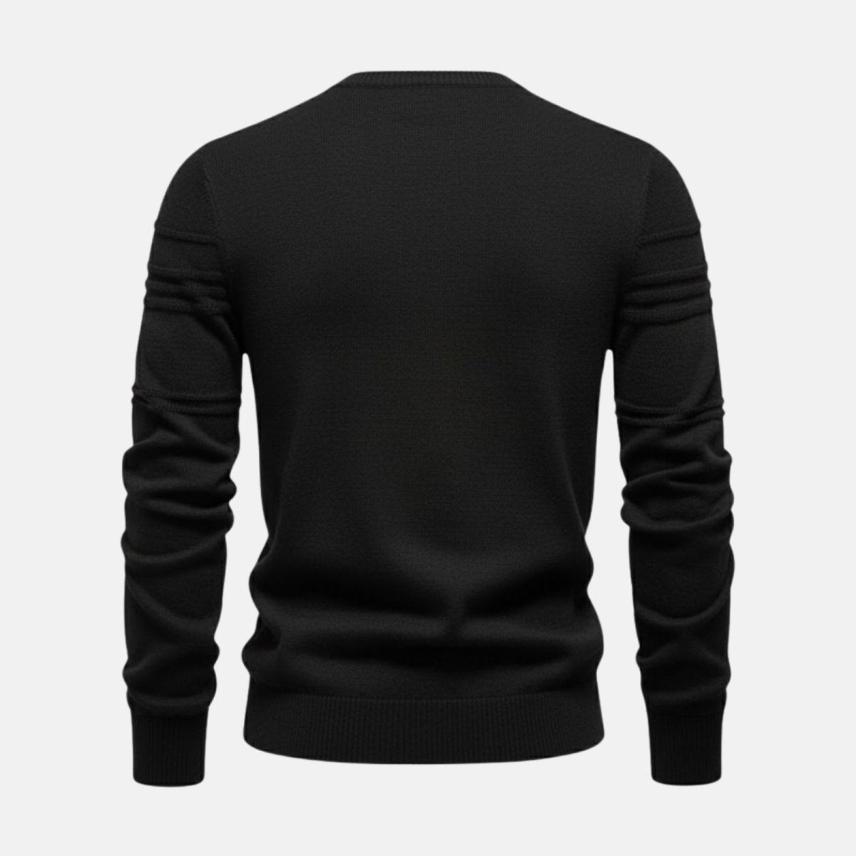 Back view of the Kouvr men's black knit sweater on a hanger, displaying the ribbed shoulder panels.