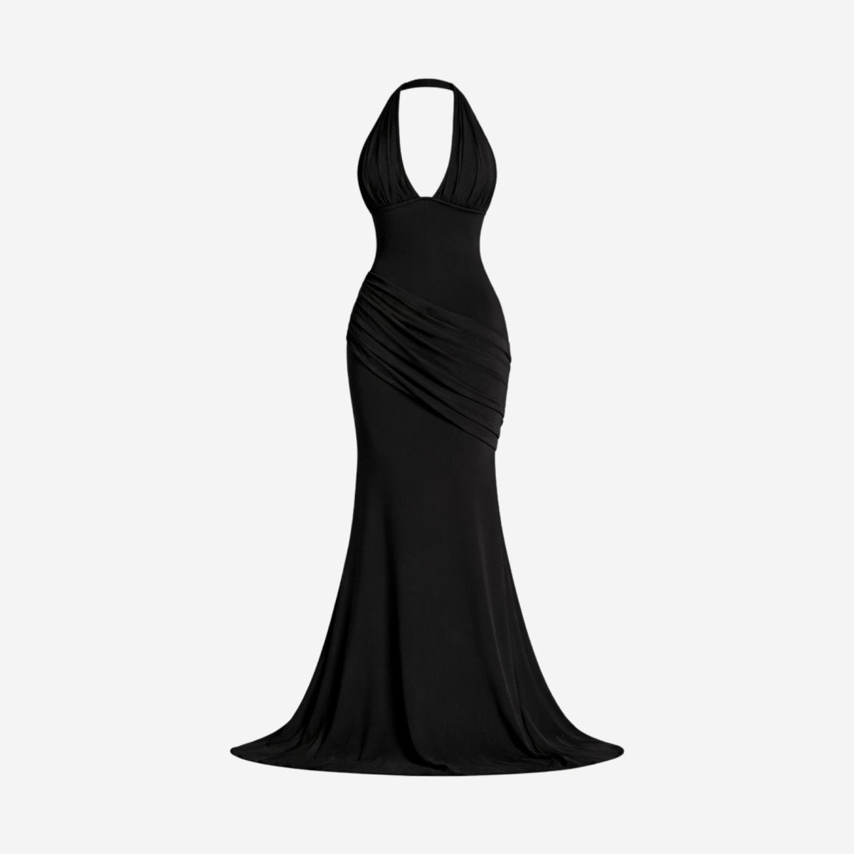Front view of a black halter v-neck ruched mermaid maxi dress on an invisible ghost mannequin, showcasing the garment's silhouette.
