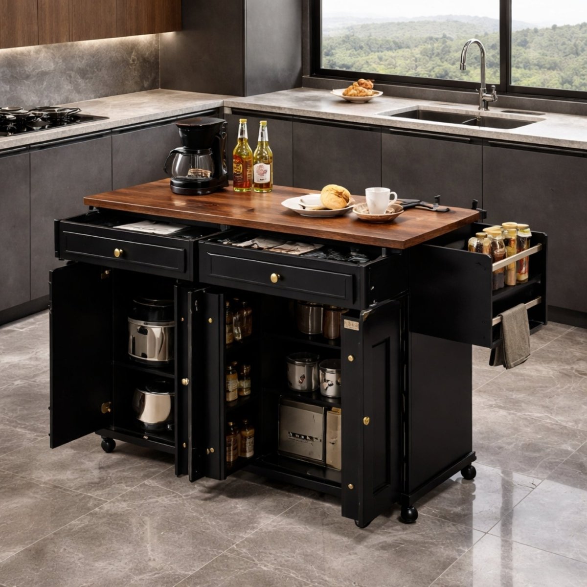 Open storage view of black kitchen cart showing deep shelves holding pots, small appliances, and pantry goods, highlighting adjustable organization.