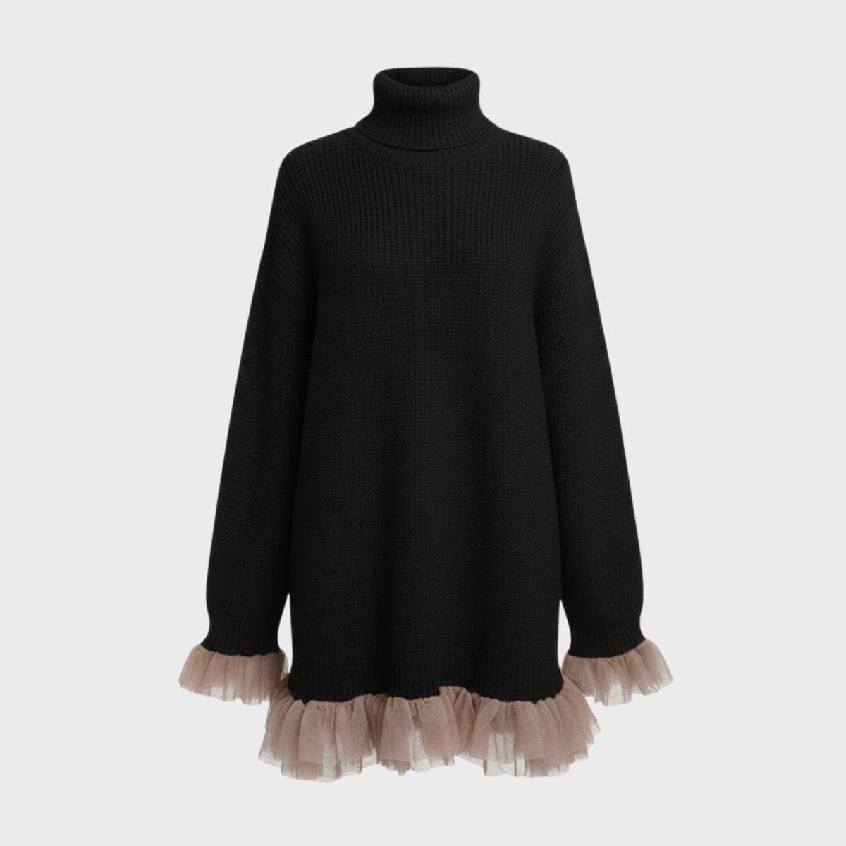 Product-only image of the Kouvr black turtleneck sweater dress, showing the ribbed knit texture and beige tulle trim at the hem and cuffs.