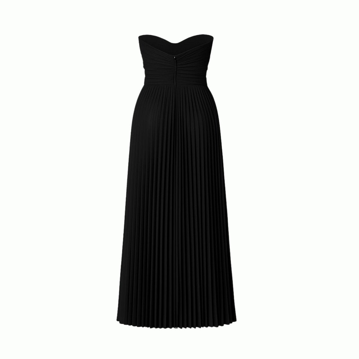 Black kouvr strapless pleated dress on a white background