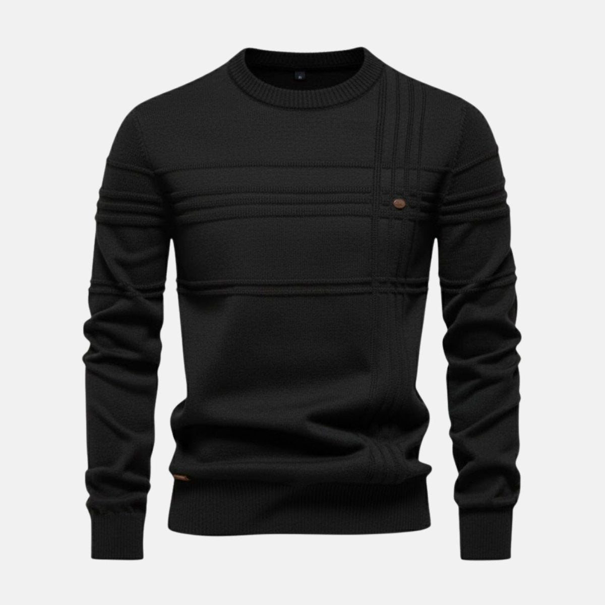 Product-only flat lay of the Kouvr black textured crewneck sweater for men, showing the intricate knit pattern on the chest.