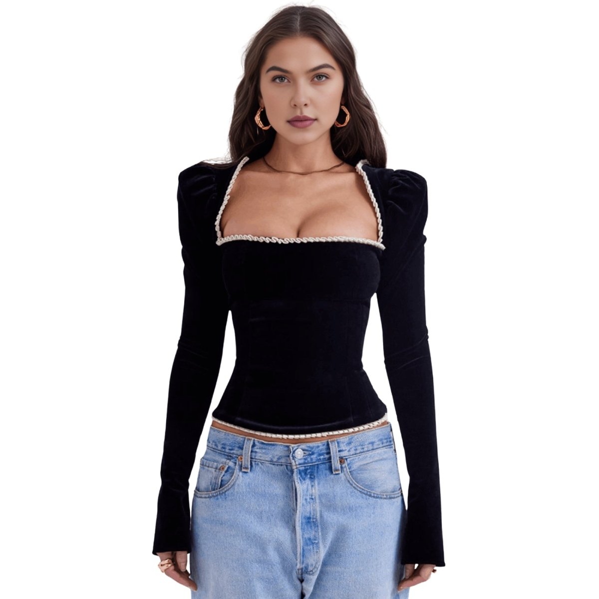 Kouvr woman wearing a black long-sleeve top with lace trim and blue jeans on a white background