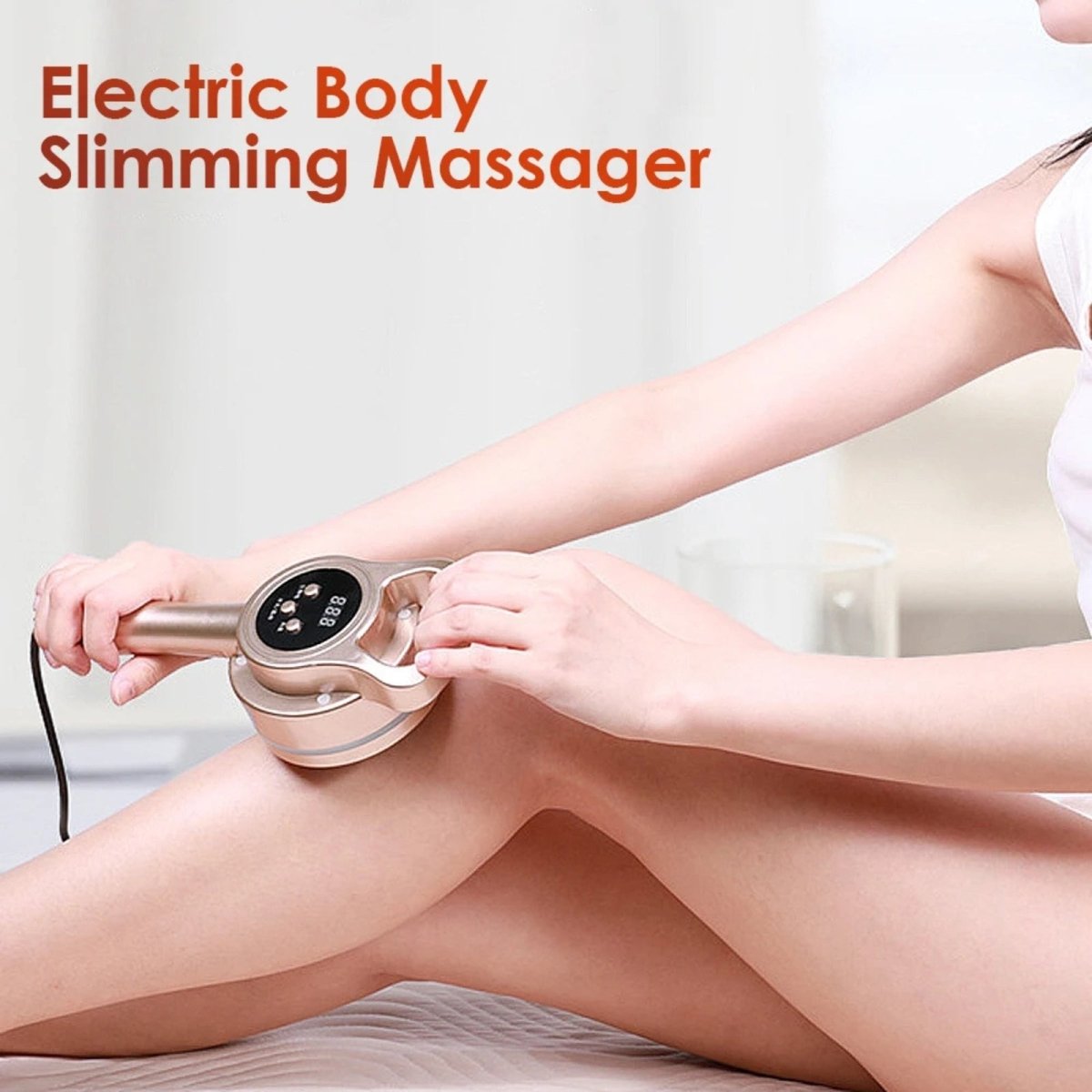 A woman using the Kouvr electric body massager on her upper thigh, demonstrating its application for body sculpting and slimming.