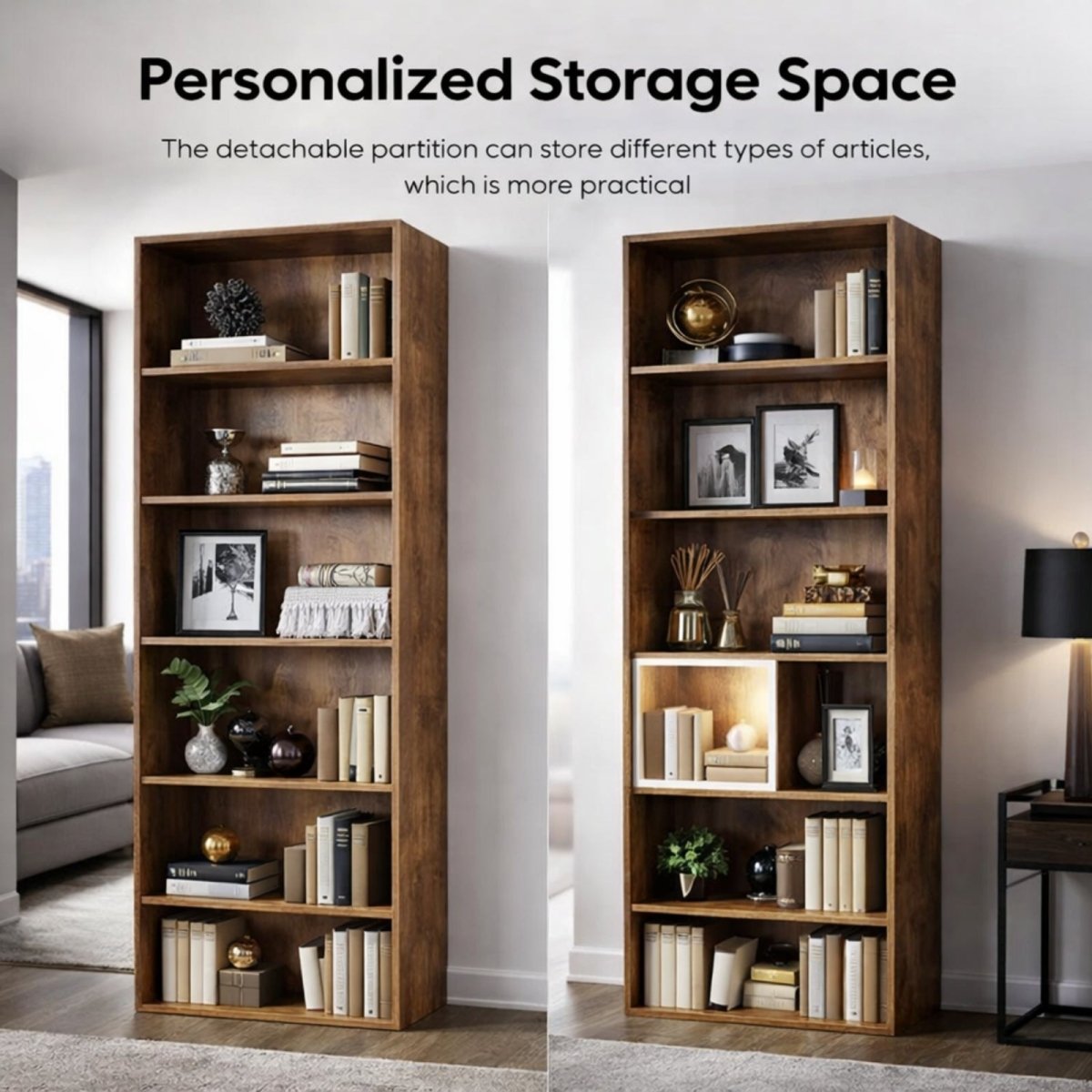 The Kouvr rustic oak bookcase demonstrating its versatile, detachable shelf feature for personalized storage of decor and books.