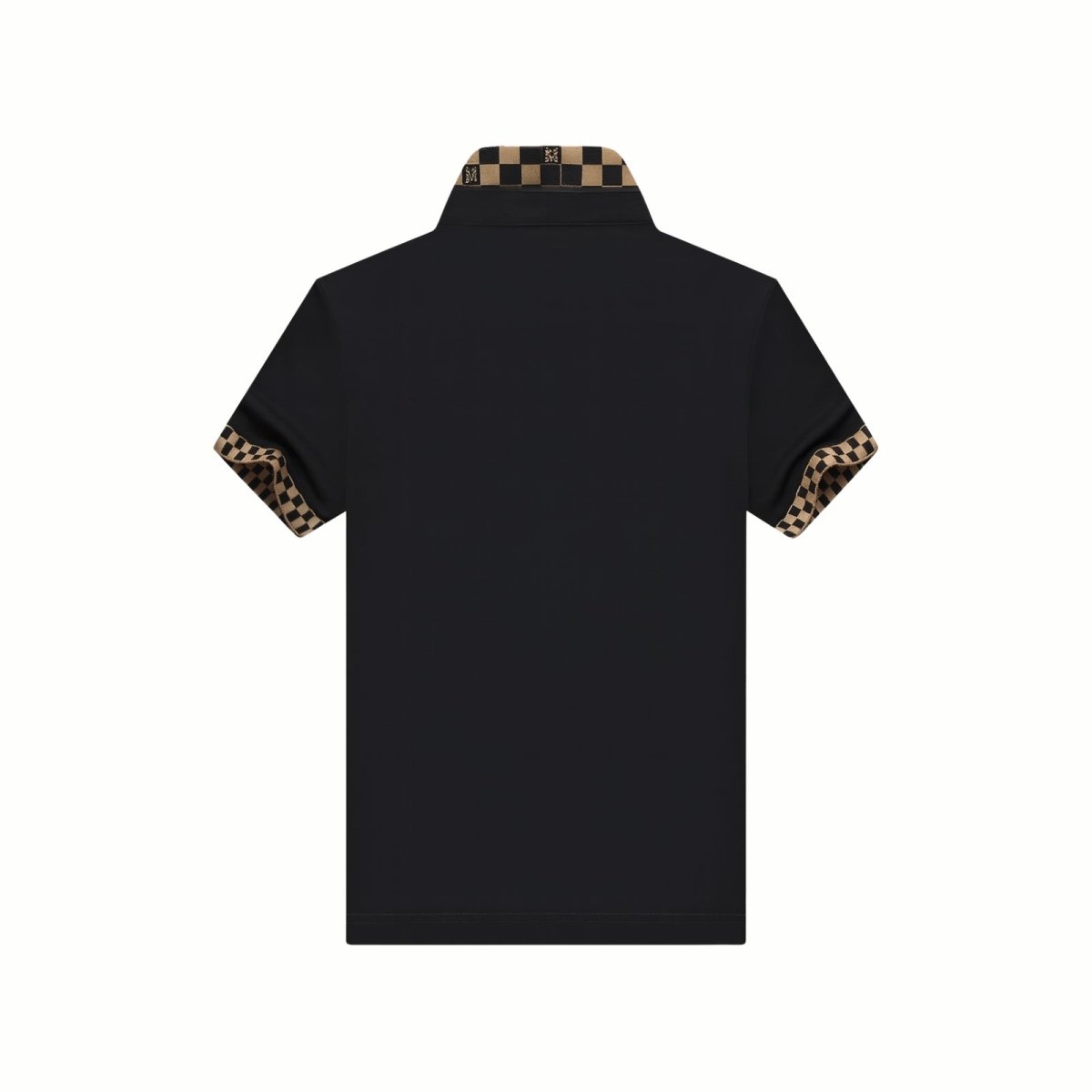 Flat lay of the back of the Kouvr men's black polo shirt, displaying the premium piqué fabric and the rear view of the designer checkerboard collar.