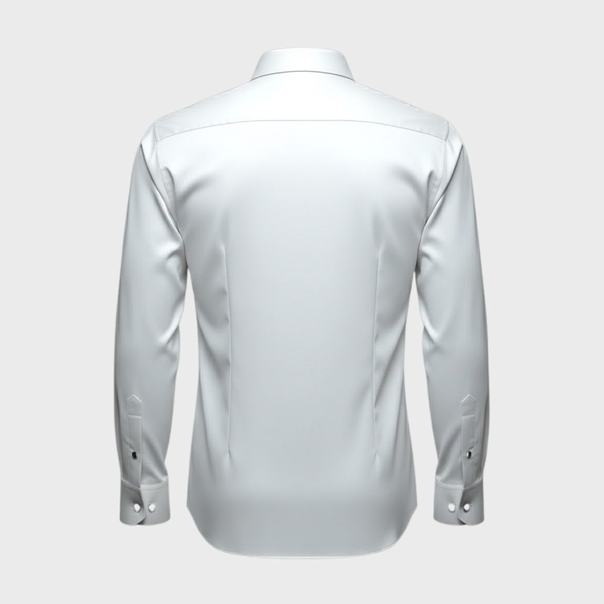 Back flat lay of the Kouvr Fashion men's white dress shirt, showing the clean yoke construction and tailored darts.