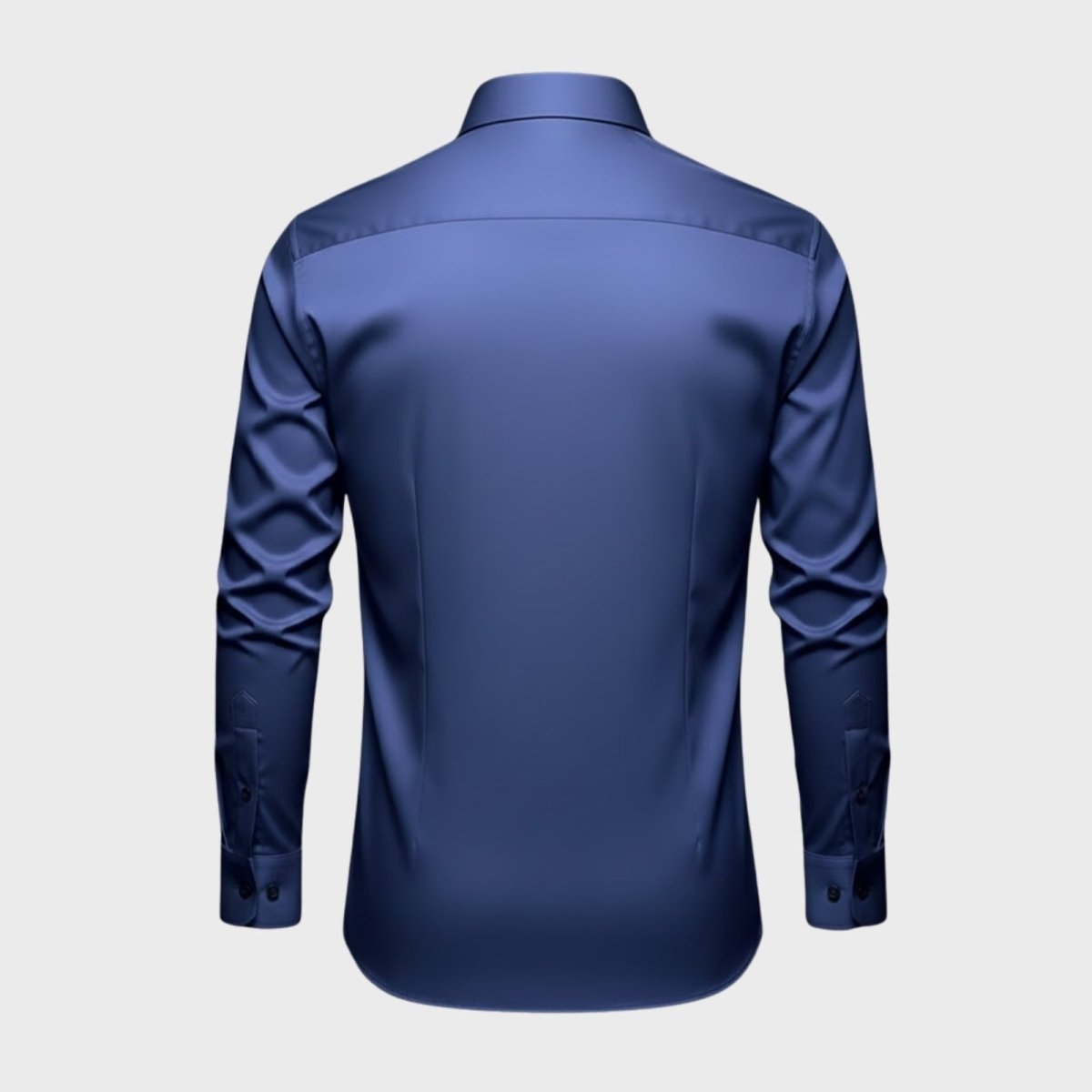 Back flat lay of the Kouvr men's performance dress shirt in slate navy blue, displaying the clean lines and back yoke construction.