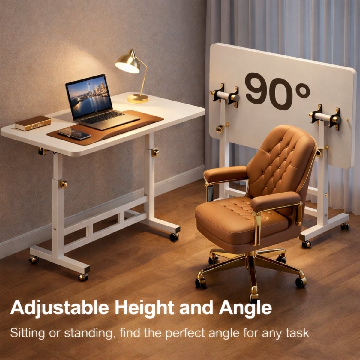 The Kouvr adjustable desk in a home office, with another unit showing the tabletop tilted to 90 degrees to demonstrate its angle adjustment and folding capability.