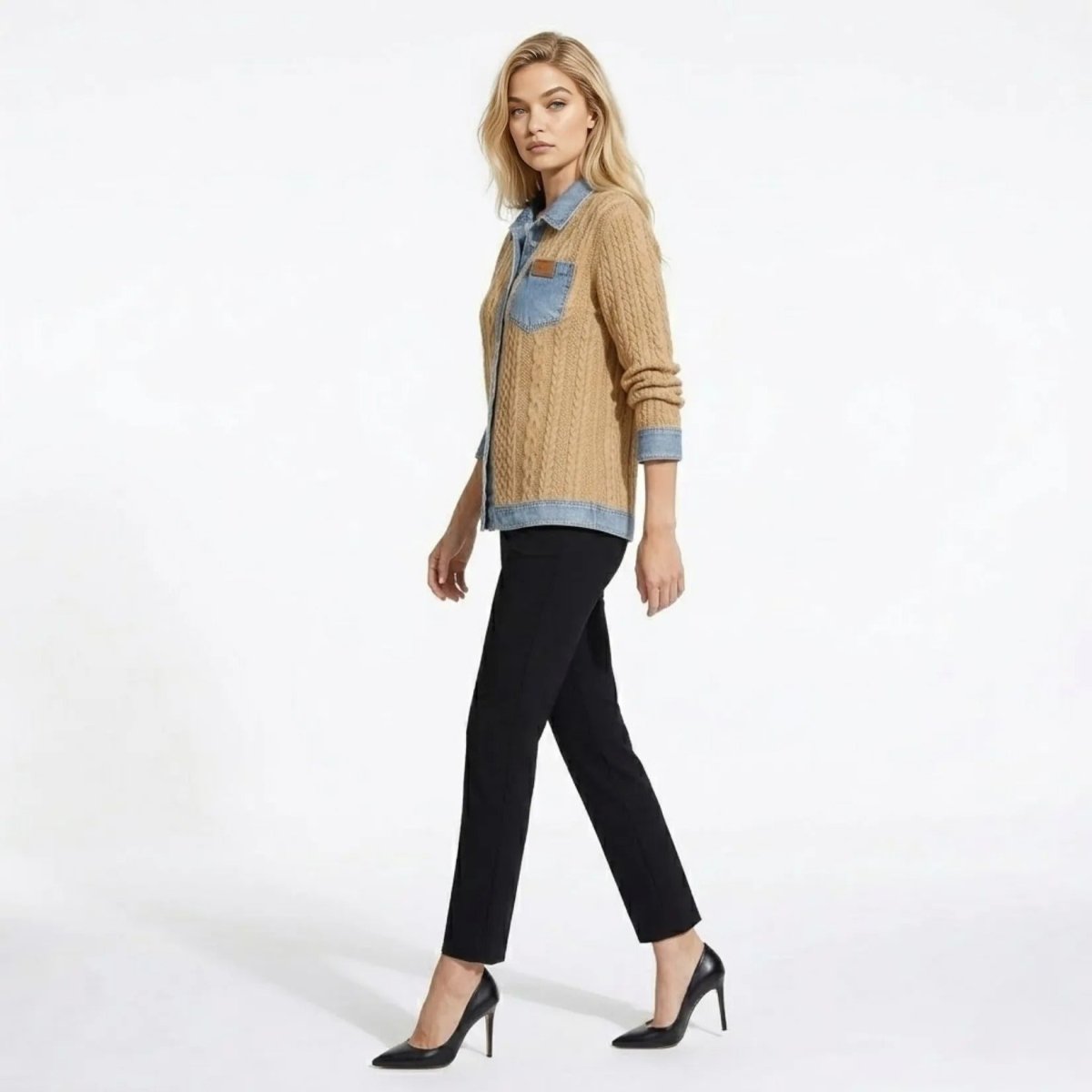 Woman modeling Kouvr mixed media denim and knit cardigan top, side profile.