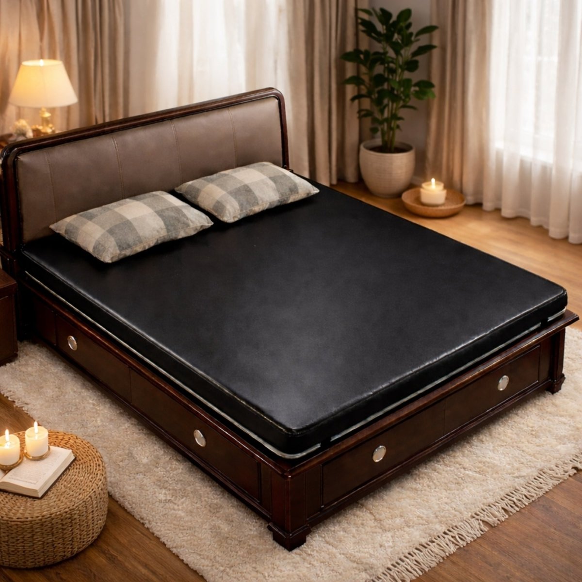 The Kouvr conductive carbon leather grounding mat shown on a beautifully made queen-size bed in a serene, modern bedroom, highlighting a luxurious wellness lifestyle.