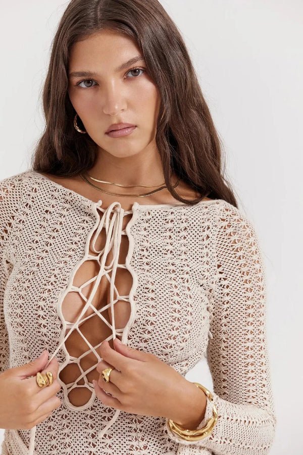 pointelle knit, sarong dress, bohemian style, resort wear, beach cover-up, cut out dress