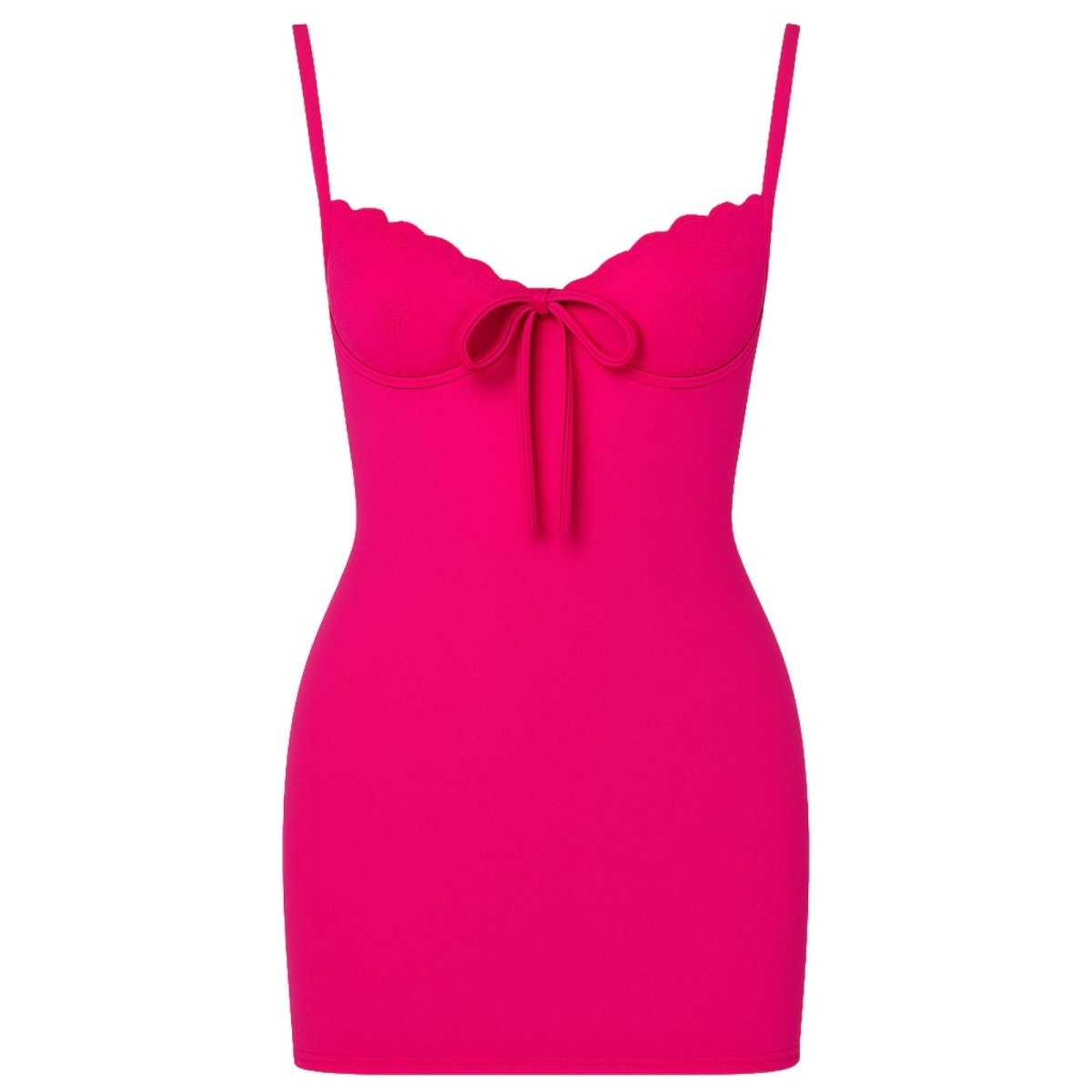 Rose Red dress with thin straps and a tie detail on a white background