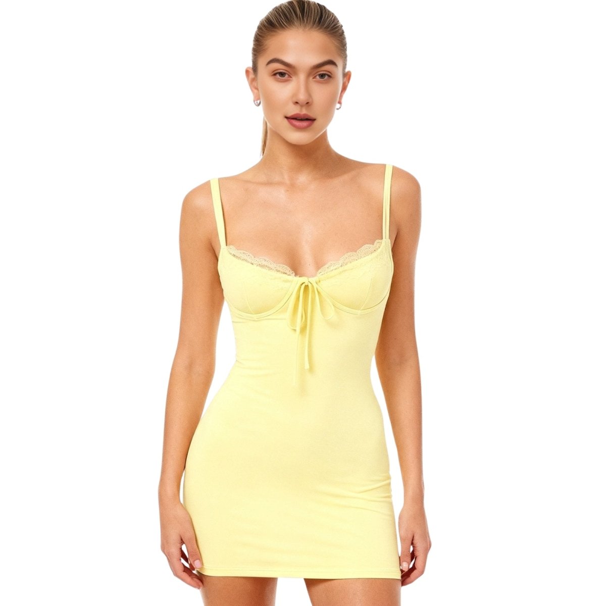 Woman wearing a yellow slip dress on a white background