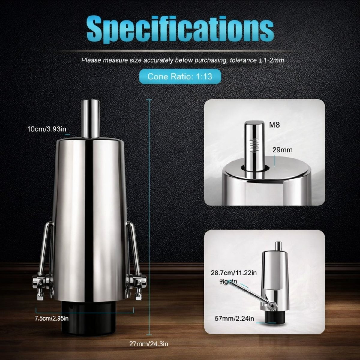 Detailed specifications and dimensions for the Kouvr hydraulic barber chair pump, including height, width, and piston measurements.