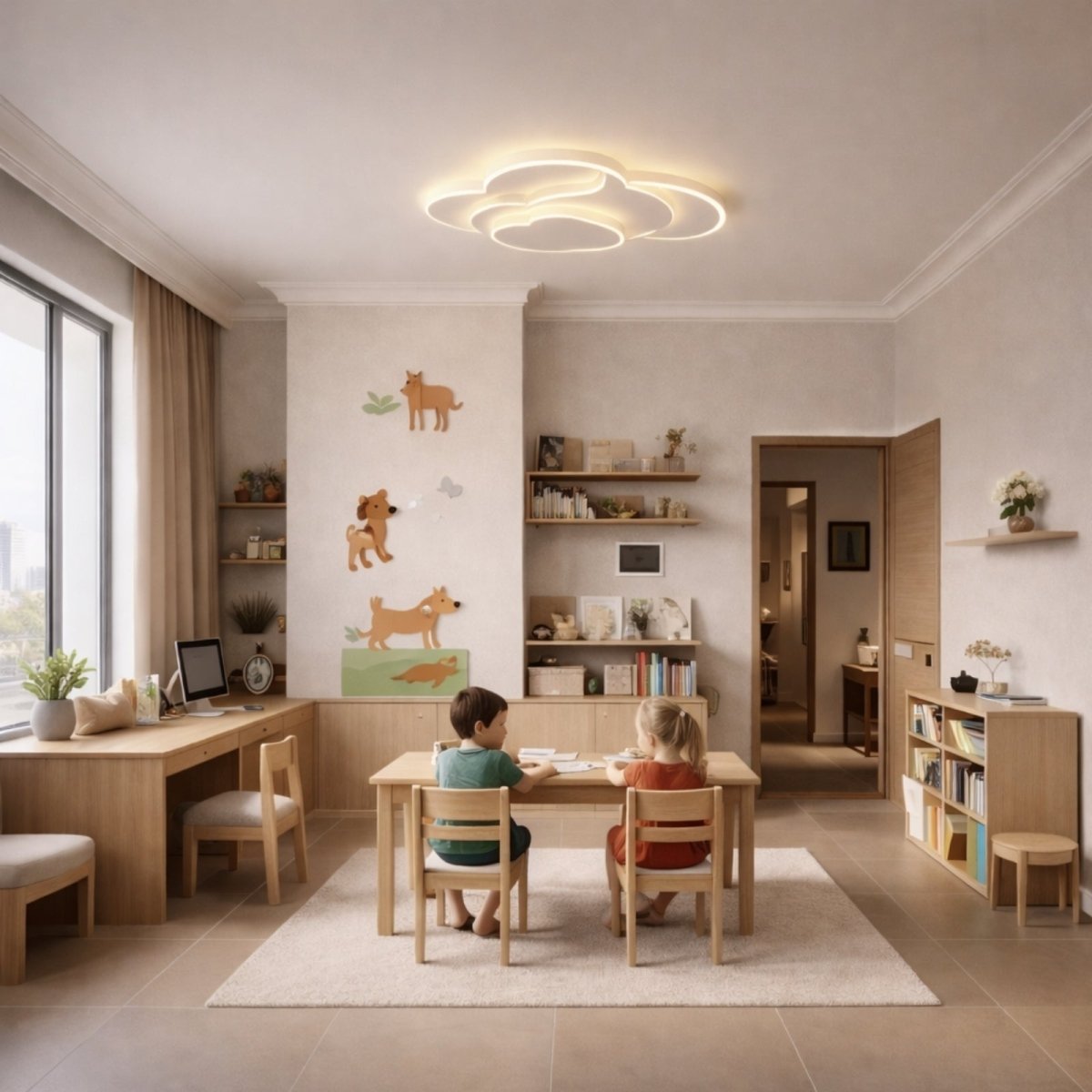 Whimsical cloud light fixture illuminating a neutral-toned kids study room and play area with wooden furniture and dog wall decals.