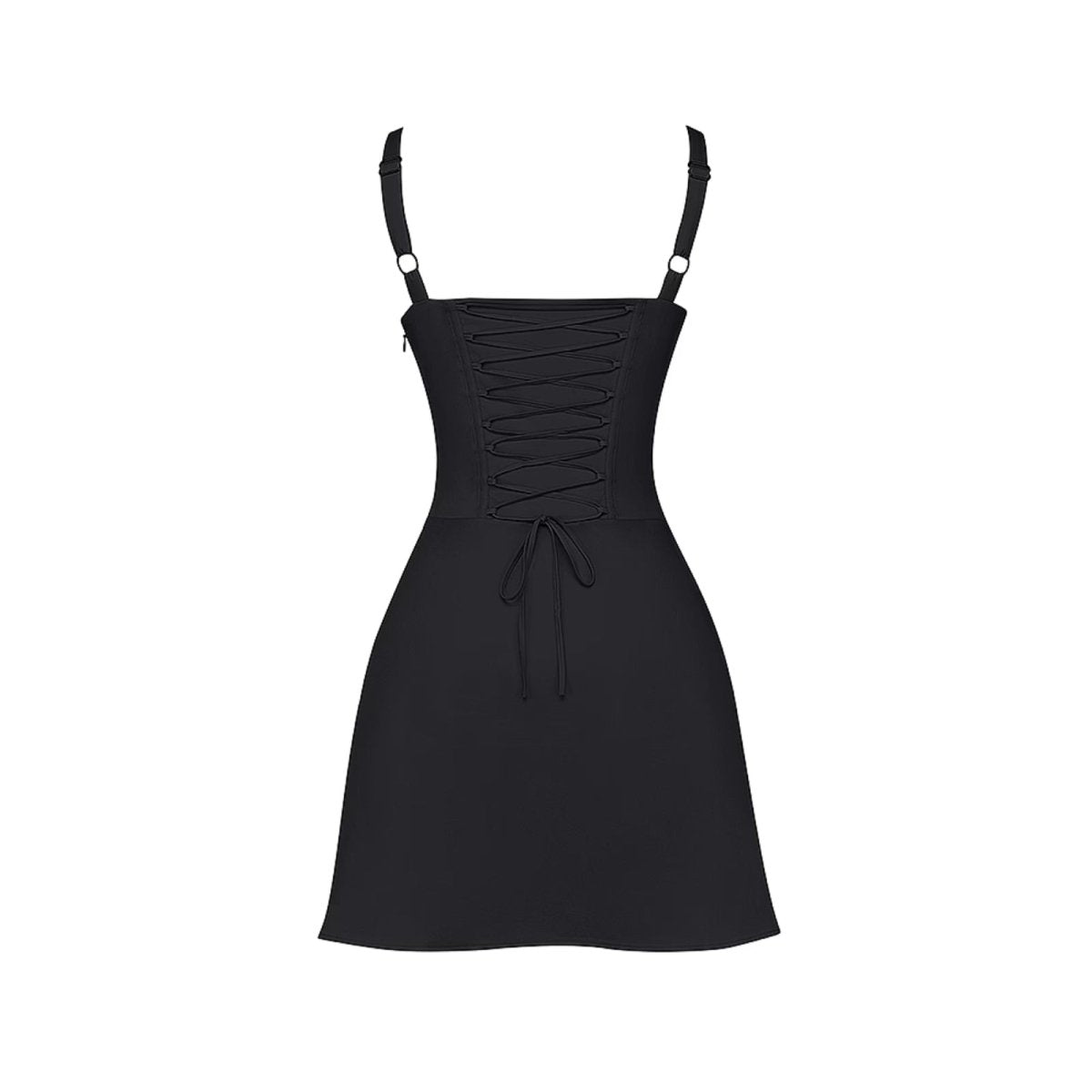 Black dress with lace-up front on a white background