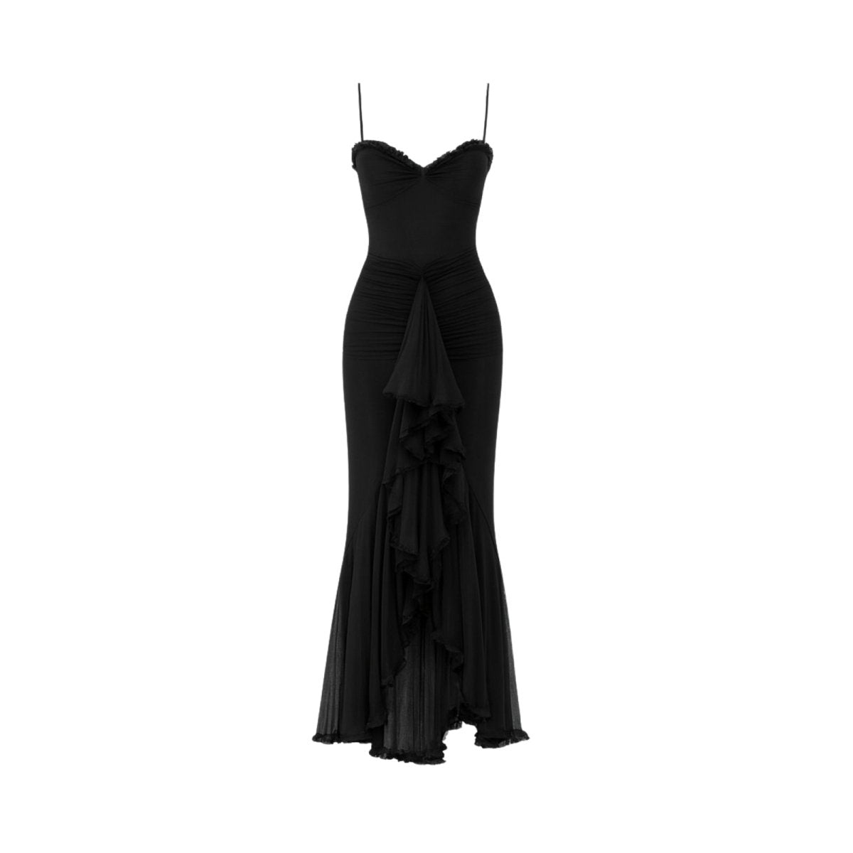 Black evening gown with ruched details on a white background