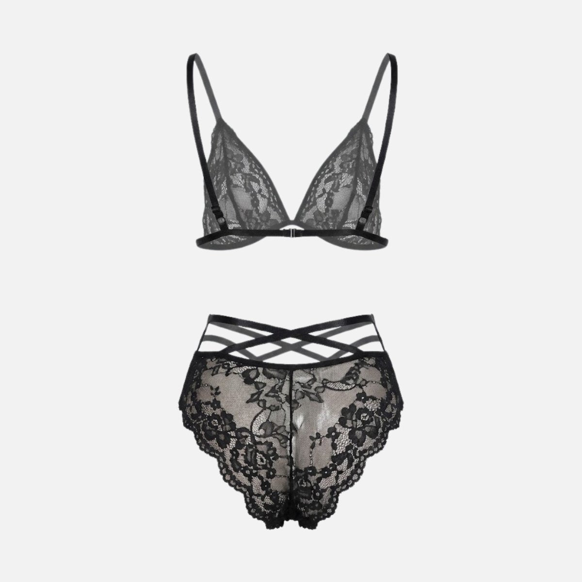 Product flatlay of the Kouvr Desiree black lace lingerie set, showing the back closure of the bralette and the rear of the panty.